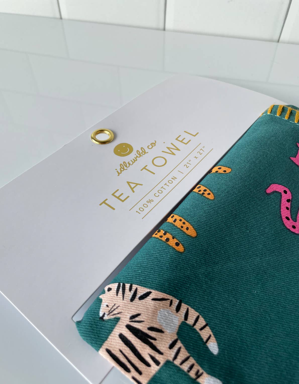 Colorful Wild Cats Cotton Tea Towel with Embroidered Detail