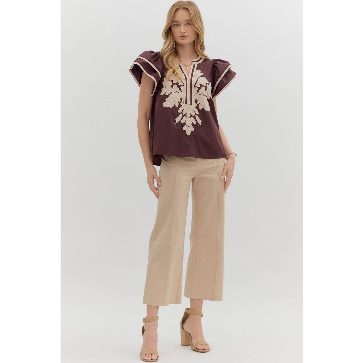 Solid Flutter Sleeve Applique Top