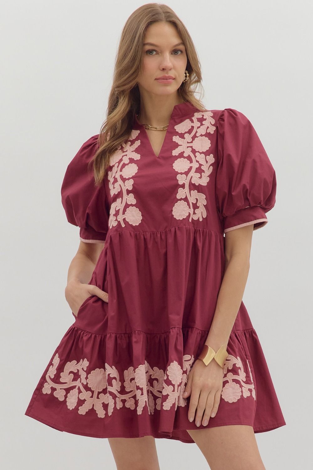 Embroidered Puff Sleeve Mini Dress