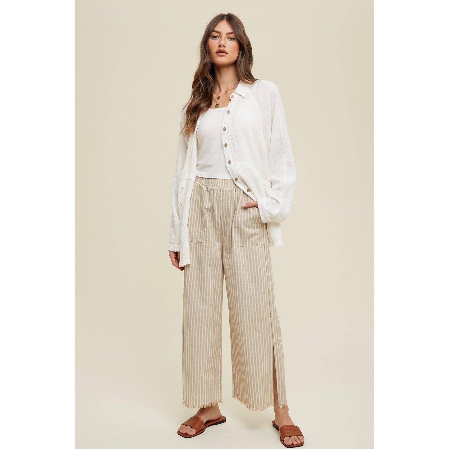 Taupe Striped Linen Pants