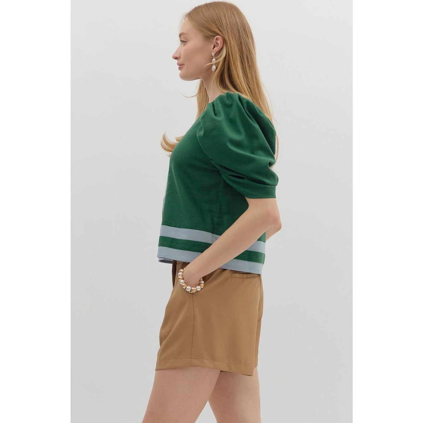 Solid Striped Elbow Length Draped Sleeve Top