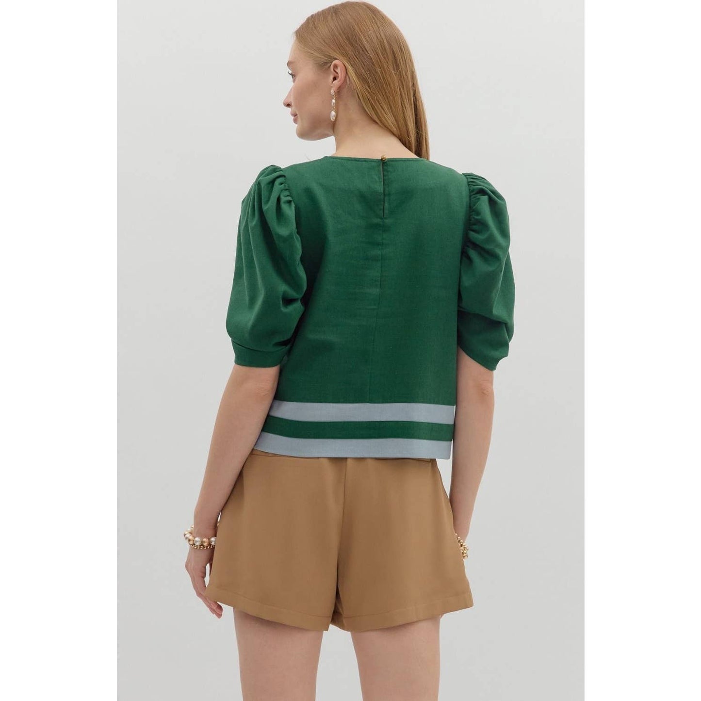 Solid Striped Elbow Length Draped Sleeve Top