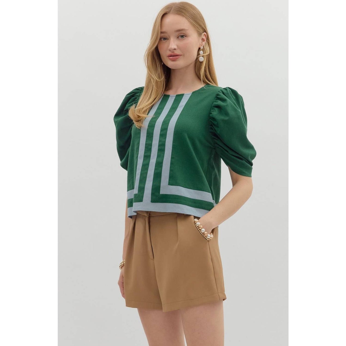 Solid Striped Elbow Length Draped Sleeve Top