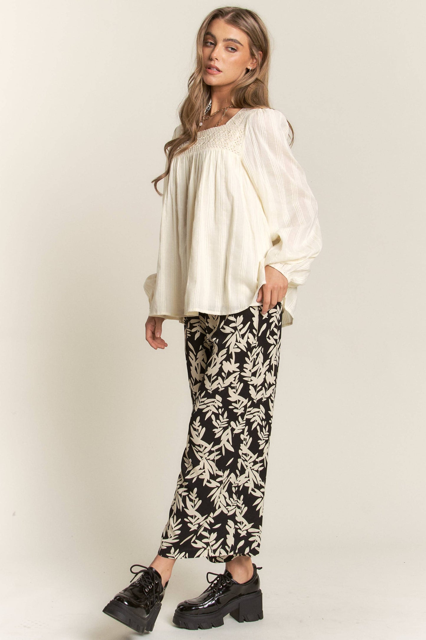 Lace Square Neck Long Sleeve Top
