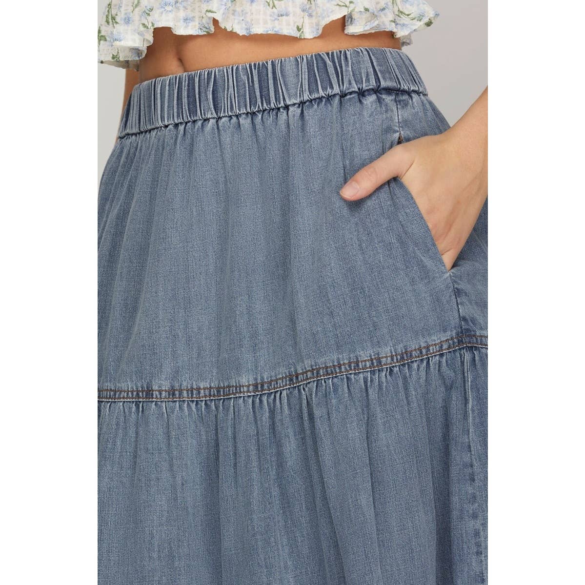 Washed Denim Tiered Long Skirt