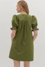 Olive Pintuck Puff Sleeve Dress