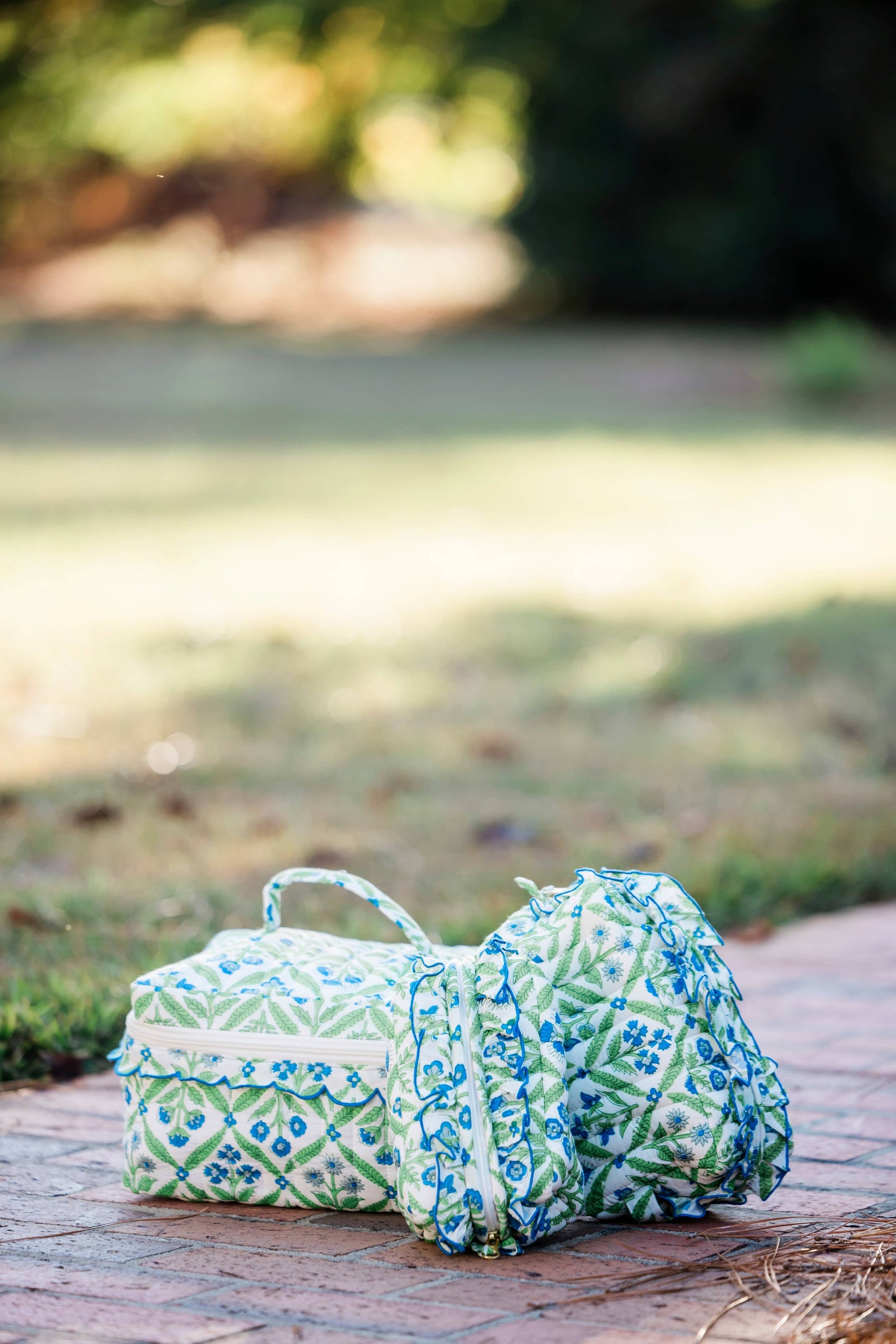 Jardin Bleu Luxe | Quilted Ruffle Cosmetic Bags