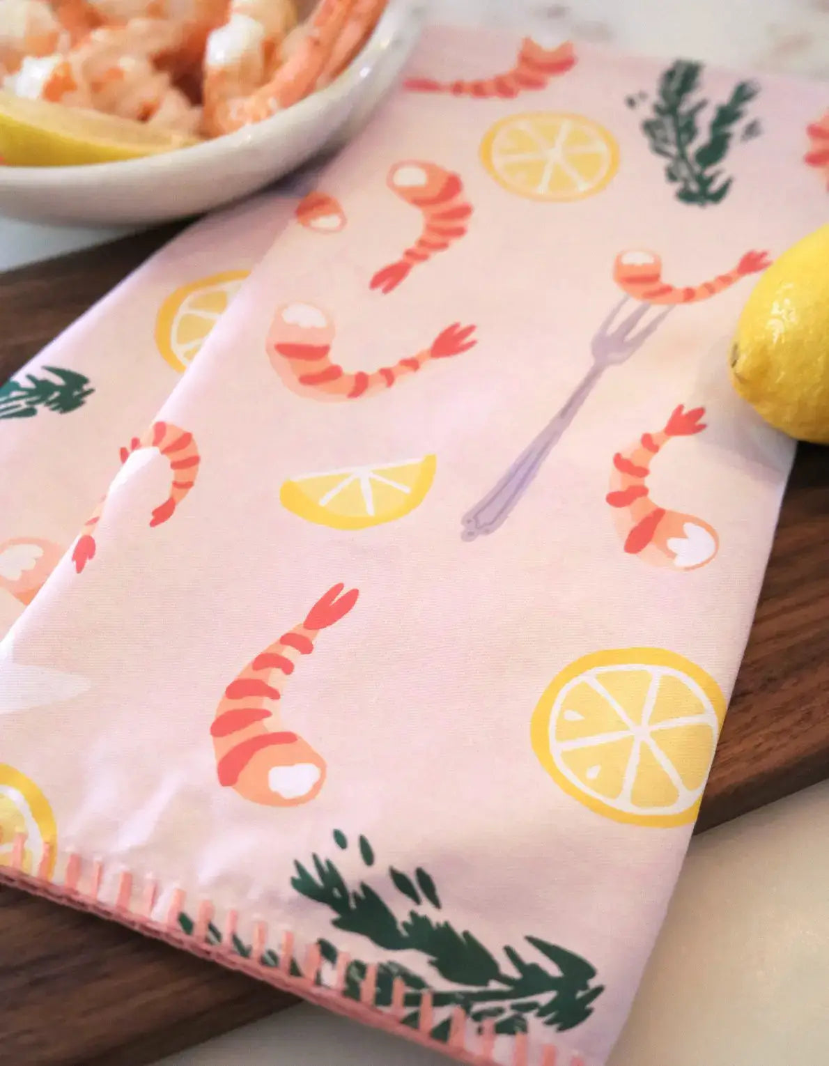 Shrimp Cocktail Cotton Tea Towel with Embroidered Detail