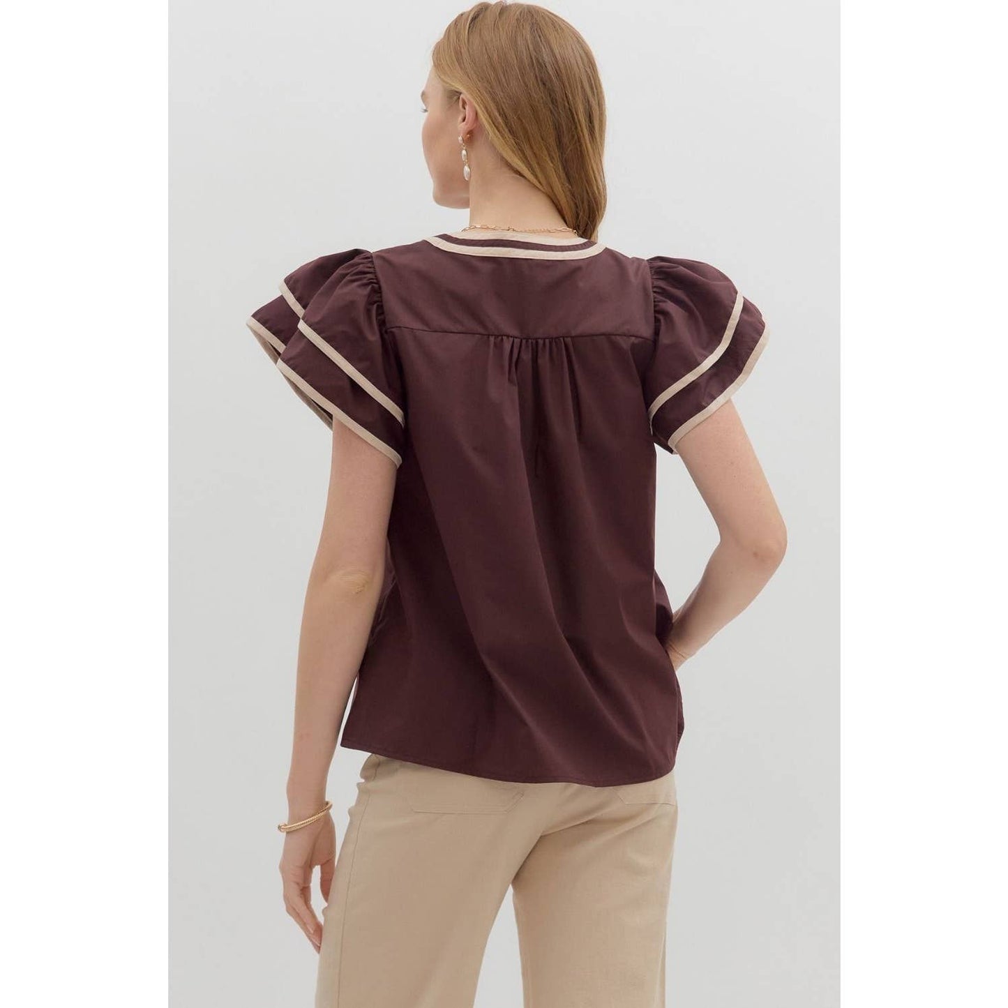 Solid Flutter Sleeve Applique Top