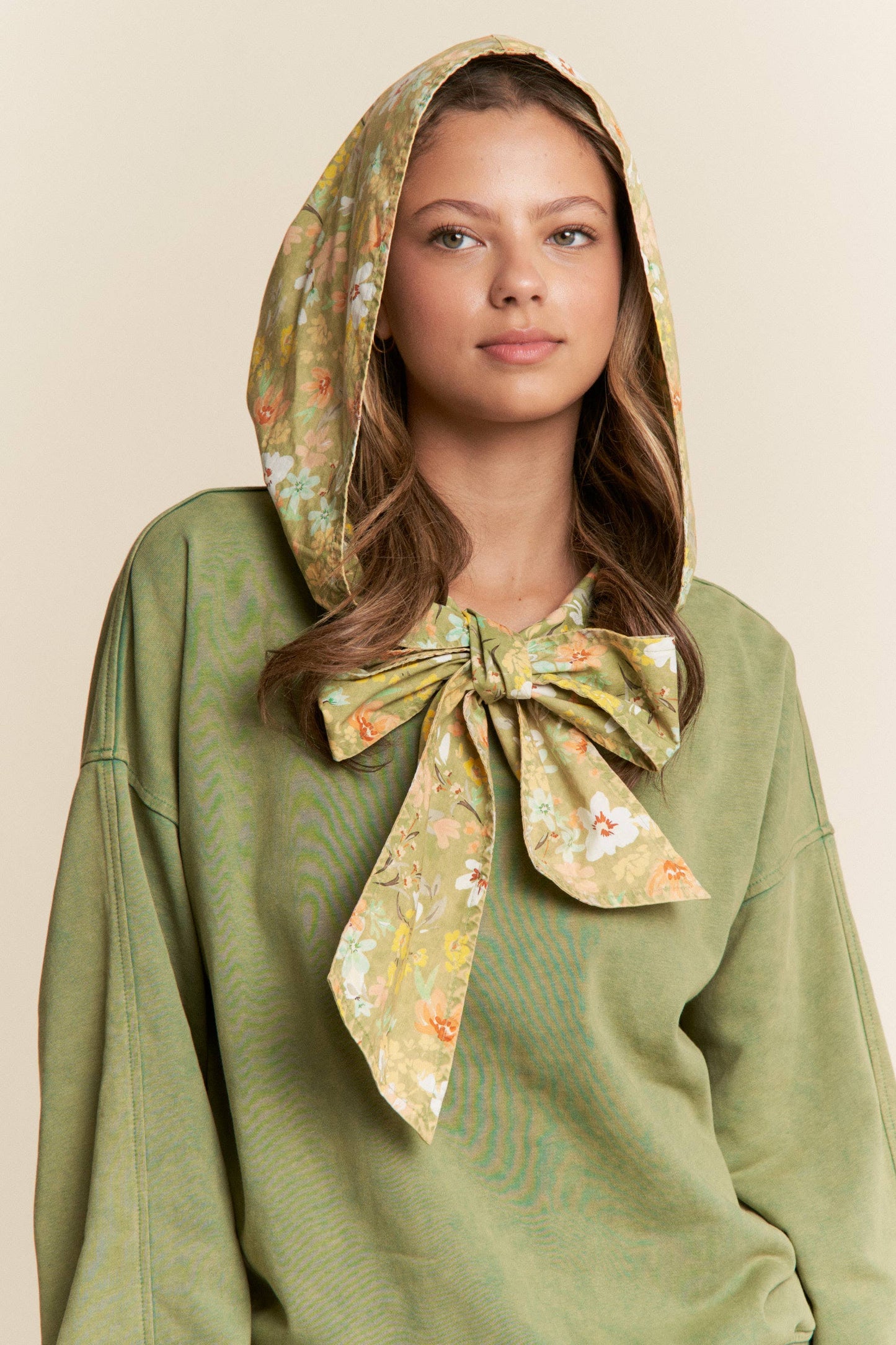 Mineral Washed Floral Print Hooded Pull-Over