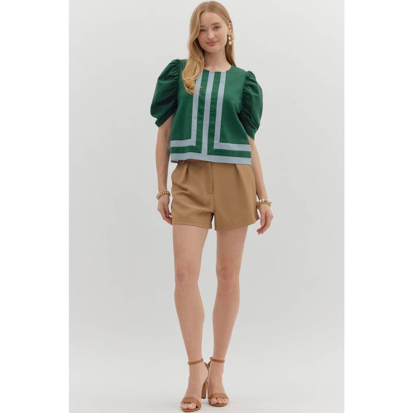 Solid Striped Elbow Length Draped Sleeve Top