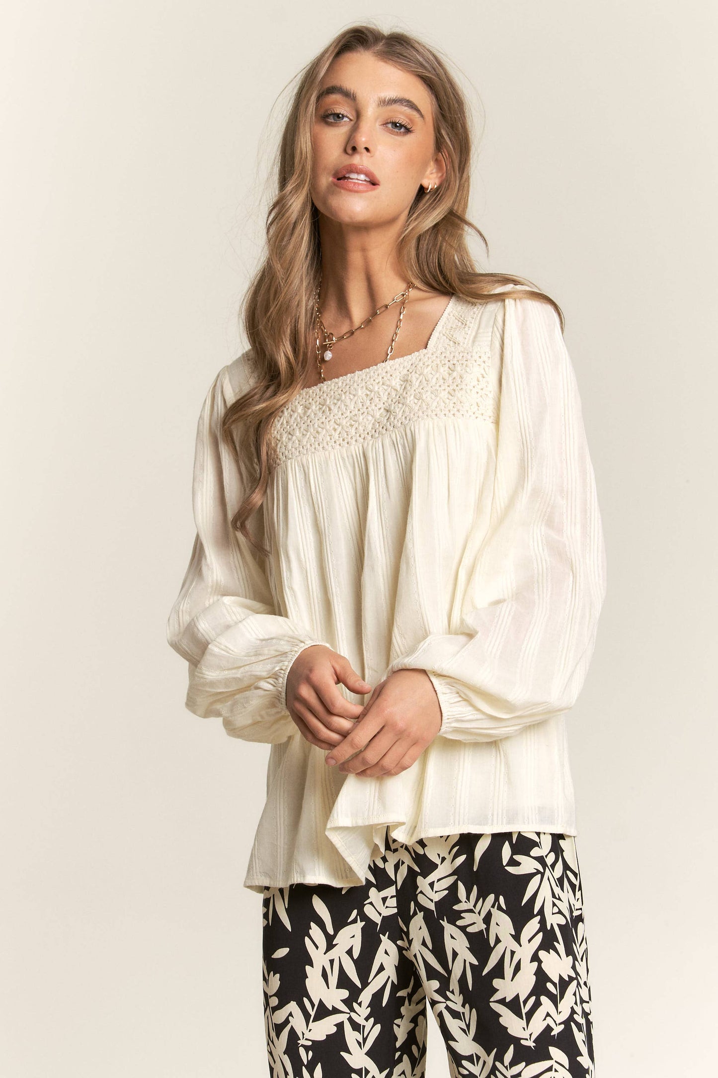 Lace Square Neck Long Sleeve Top