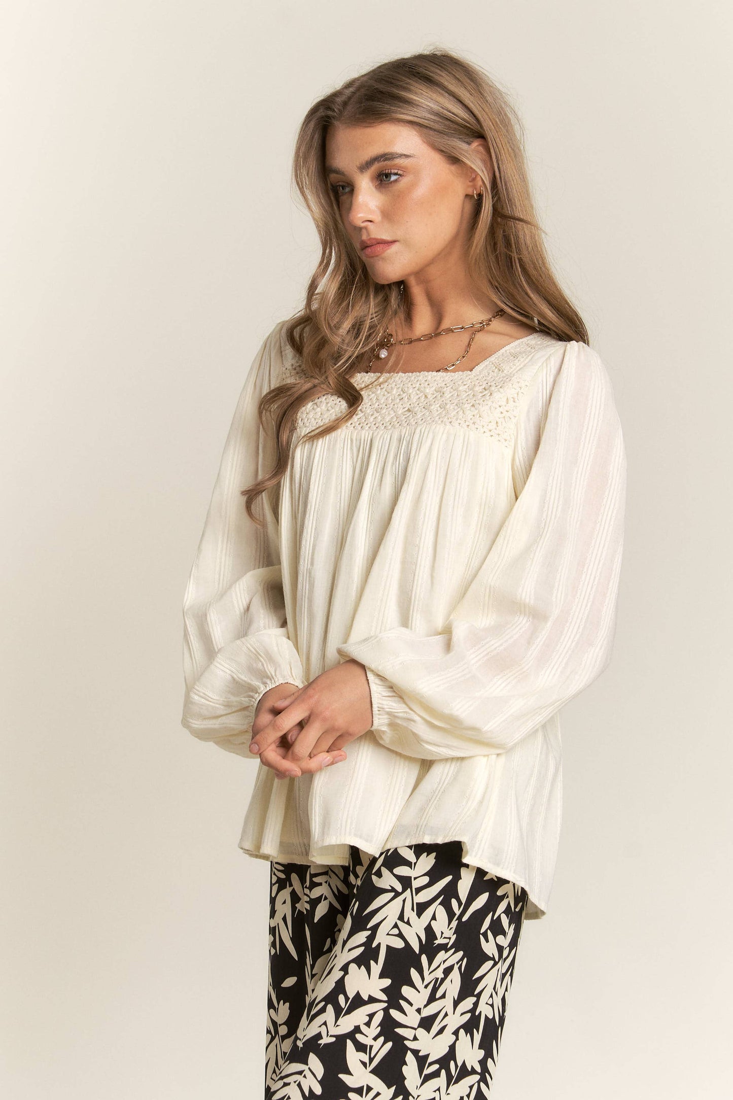 Lace Square Neck Long Sleeve Top