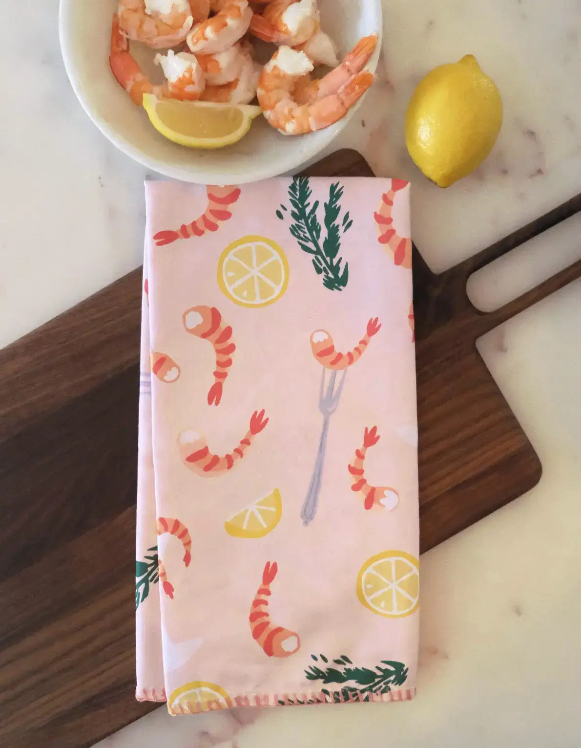 Shrimp Cocktail Cotton Tea Towel with Embroidered Detail