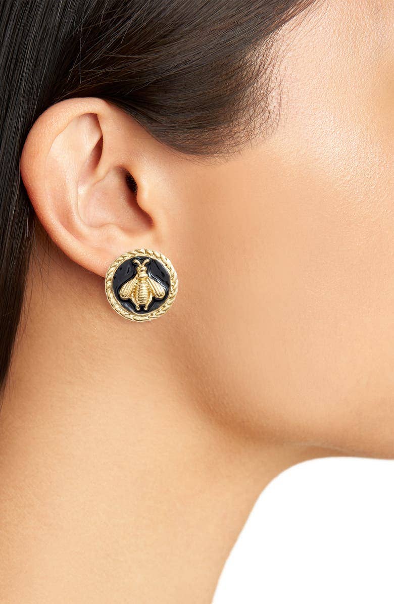 Retro Bee Clip-On Earrings with Black Enamel Accents