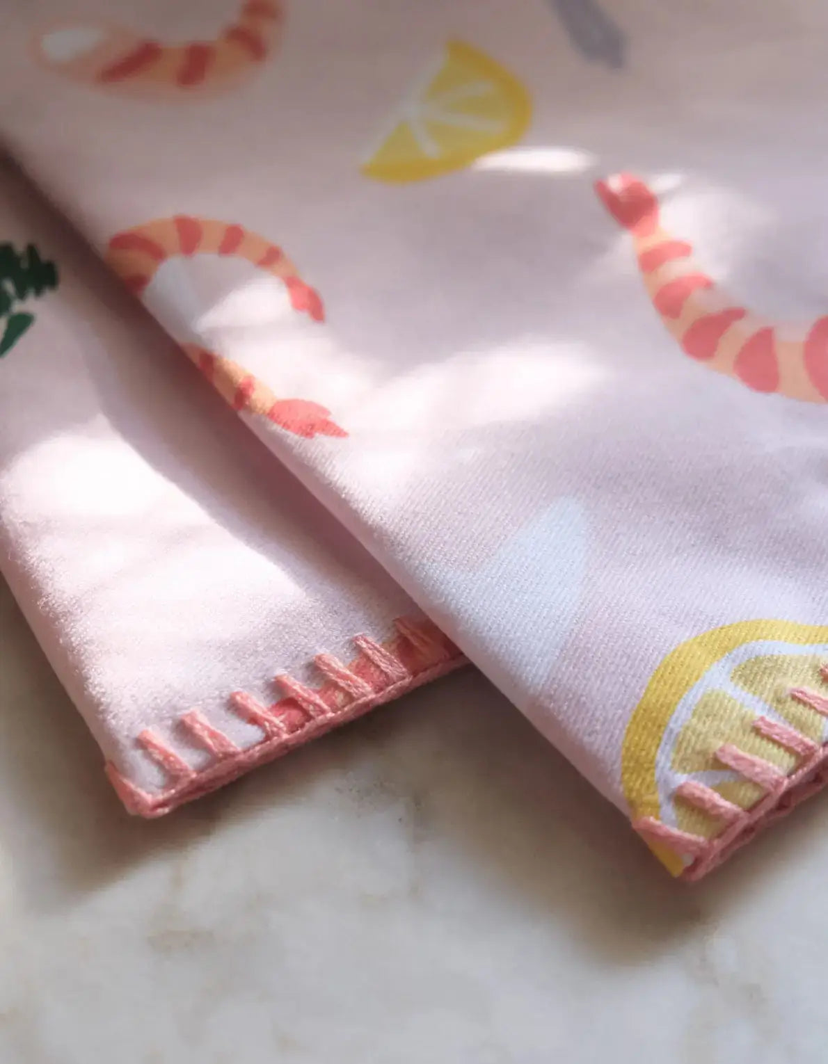 Shrimp Cocktail Cotton Tea Towel with Embroidered Detail