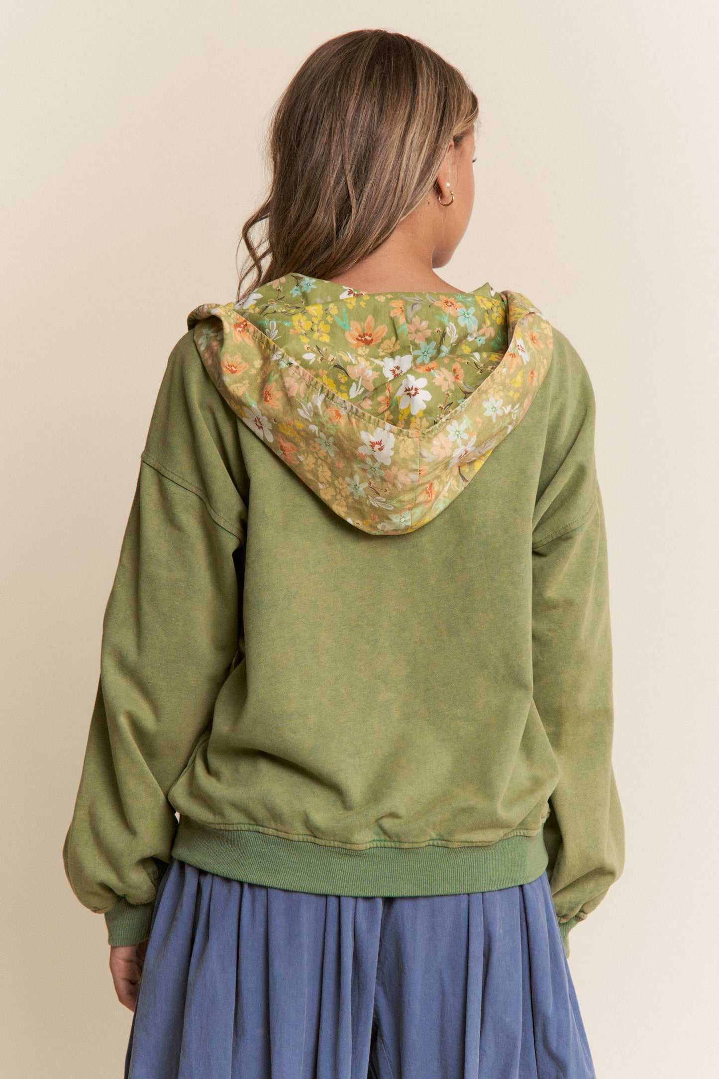Mineral Washed Floral Print Hooded Pull-Over