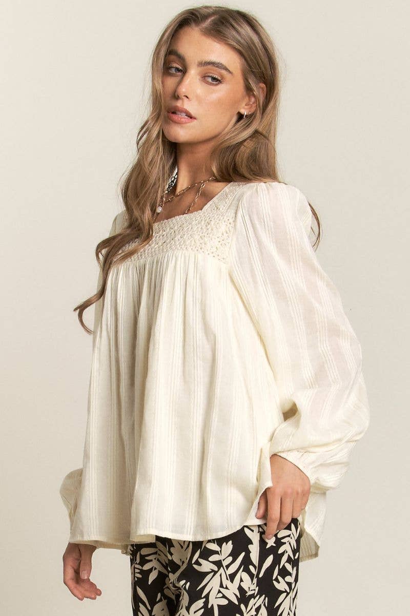 Lace Square Neck Long Sleeve Top