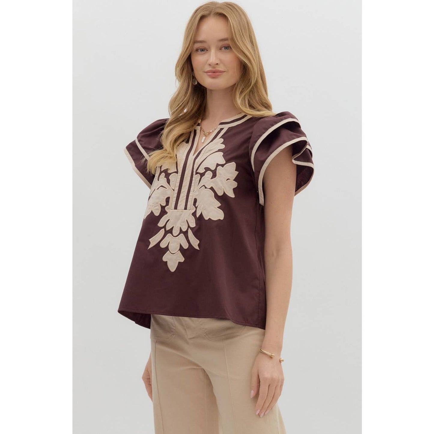 Solid Flutter Sleeve Applique Top