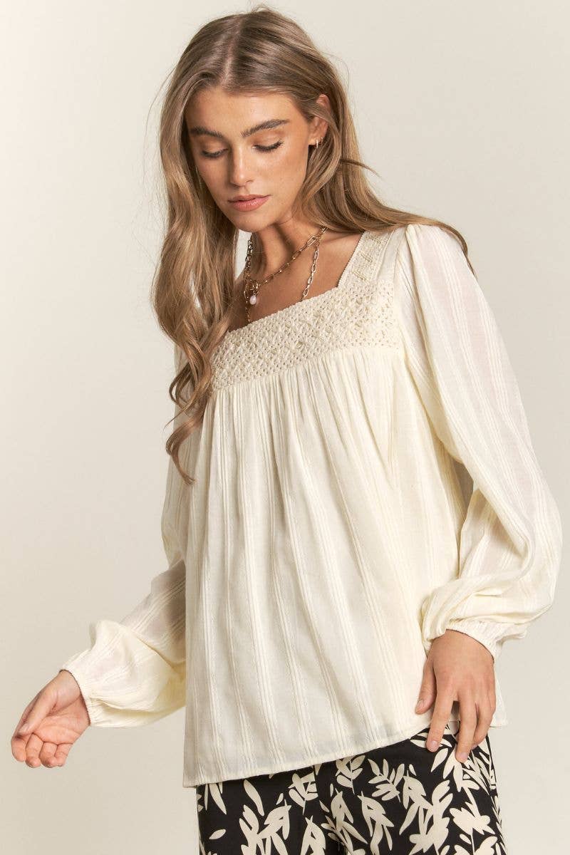 Lace Square Neck Long Sleeve Top