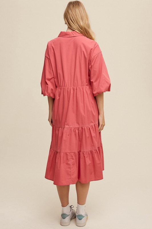 Button Front Tiered Babydoll Poplin Midi Dress