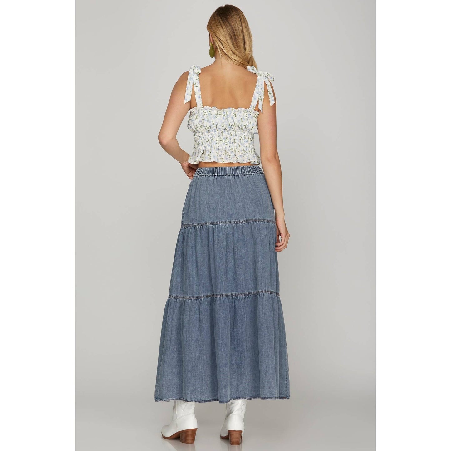 Washed Denim Tiered Long Skirt