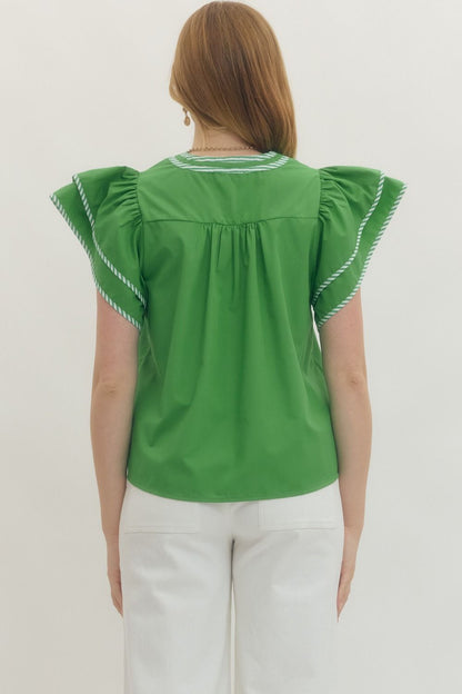 Green Flutter Sleeve with Striped Appliqué