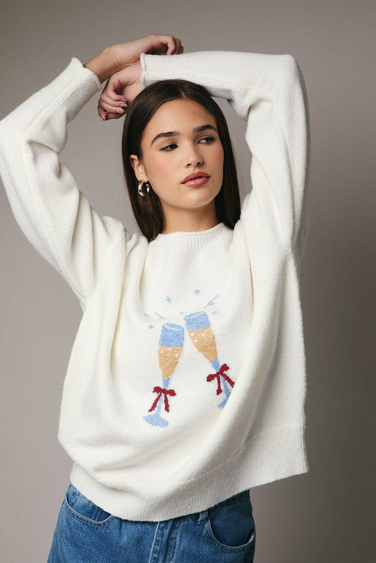 ROUND NECK LONG SLEEVE CHAMPAGNE GRAPHIC SWEATER