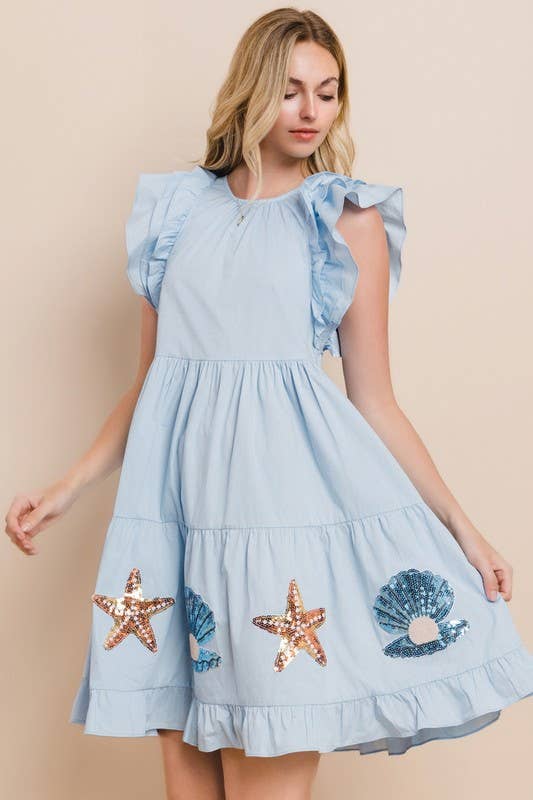 Seashell Sequin Patch Tiered Mini Dress