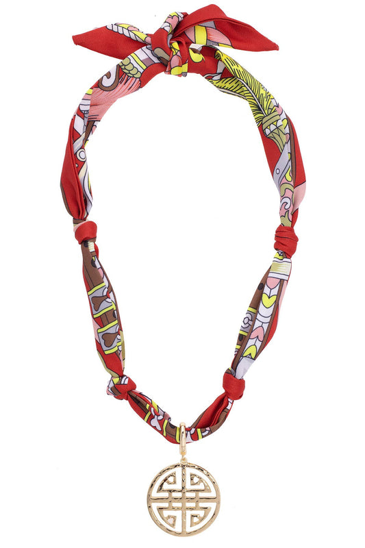 Cora Greek Keys Scarf Necklace in Red/Brown/Yellow
