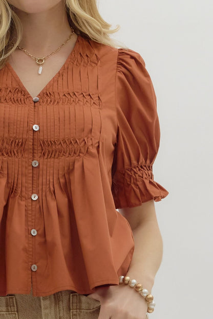 Chestnut Pintuck Puff Sleeve Top