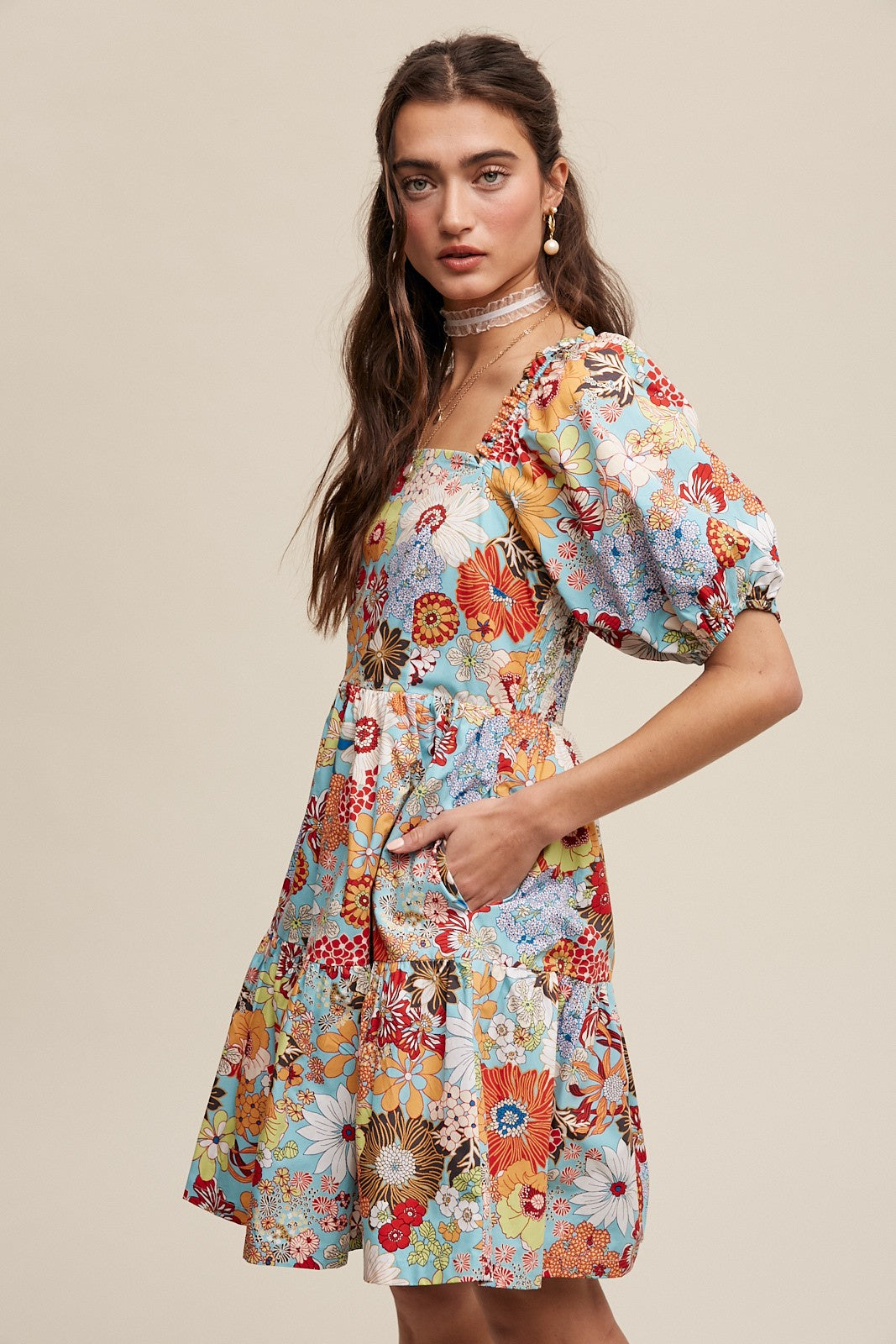 Flower Print Puff Sleeve Babydoll Dress