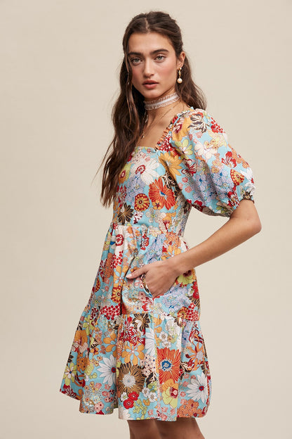 Flower Print Puff Sleeve Babydoll Dress