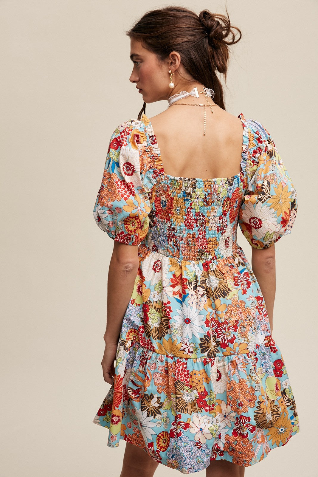 Flower Print Puff Sleeve Babydoll Dress