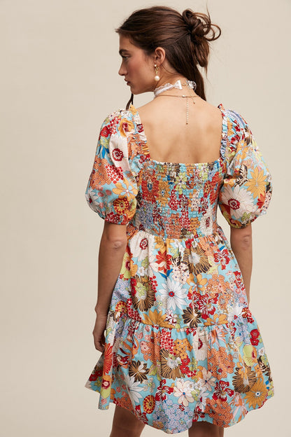 Flower Print Puff Sleeve Babydoll Dress