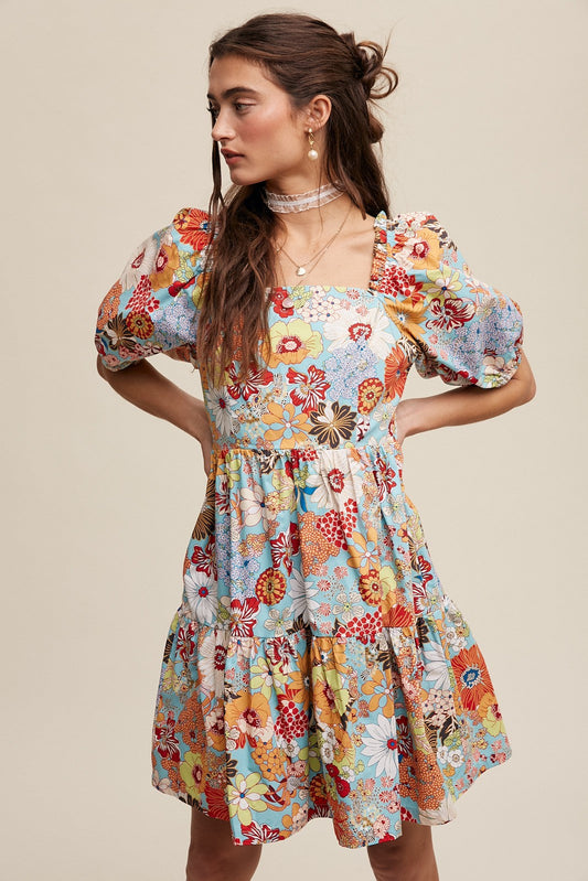 Flower Print Puff Sleeve Babydoll Dress