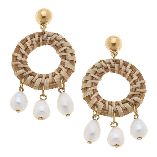 Reyna Wicker & Pearl Drop Hoop Earrings in Natural