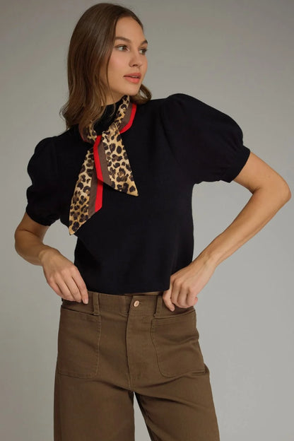 Black Puff Sleeve Sweater with Leopard Scarf
