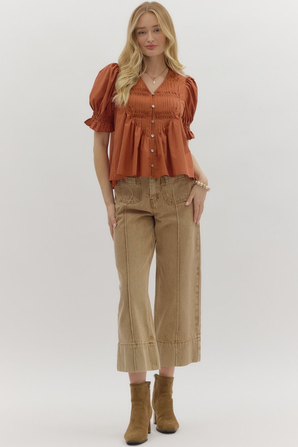 Chestnut Pintuck Puff Sleeve Top