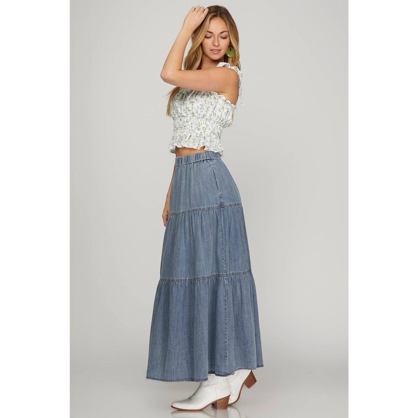 Washed Denim Tiered Long Skirt