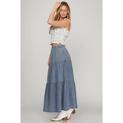 Washed Denim Tiered Long Skirt