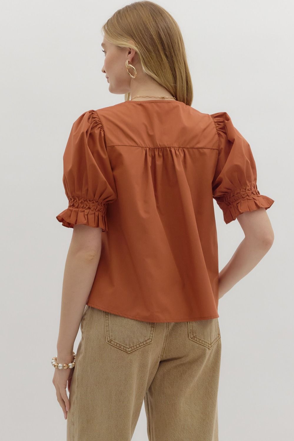 Chestnut Pintuck Puff Sleeve Top
