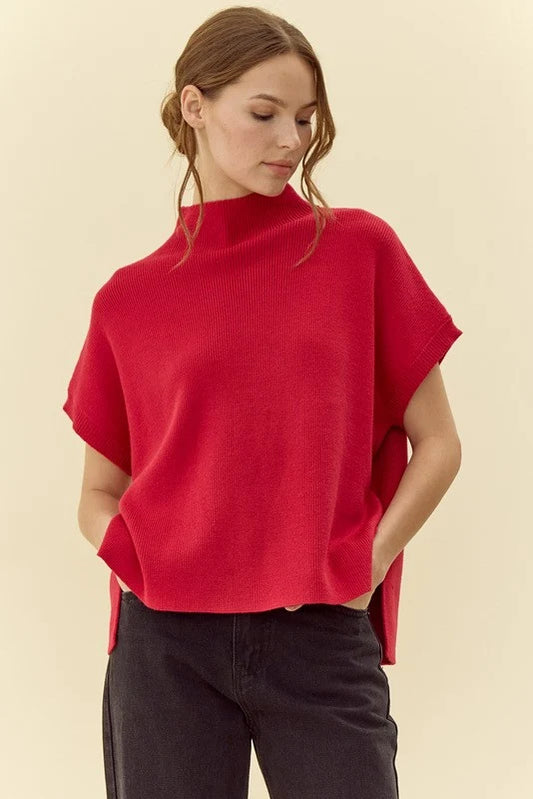 Red Drop Shoulder Mock Neck Sweater