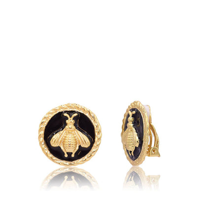 Retro Bee Clip-On Earrings with Black Enamel Accents