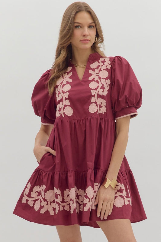 Embroidered Puff Sleeve Mini Dress