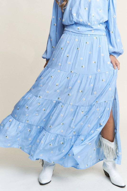 Tiered Floral Embroidered Side Slit Skirt
