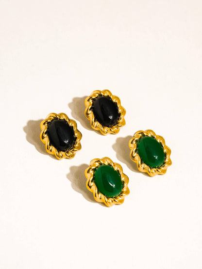Eulie 18K Gold Non-Tarnish Vintage Stone Oval Earring
