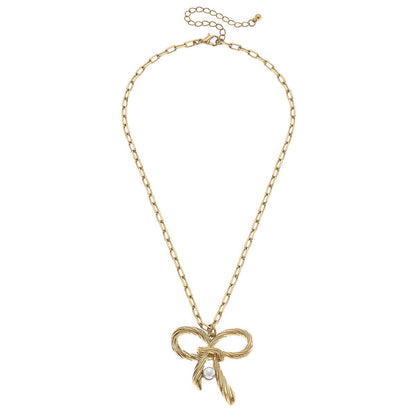 Amy Bow & Pearl Pendant Necklace in Worn Gold