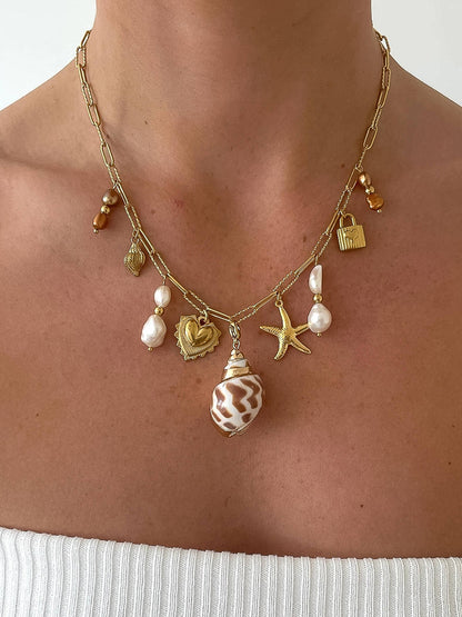 Ophélie 18K Gold Non-Tarnish Shell and Pearl Charm Necklace