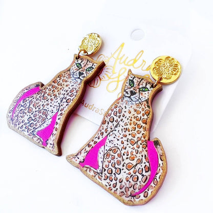 Sitting Cheetah Dangle Earring Animal Print Pop Art